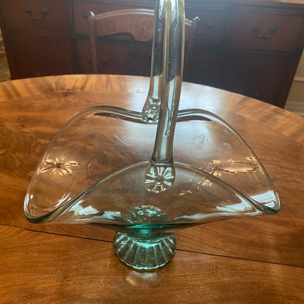 Vintage Aqua Glass Pedestal Basket with Handle Pristine